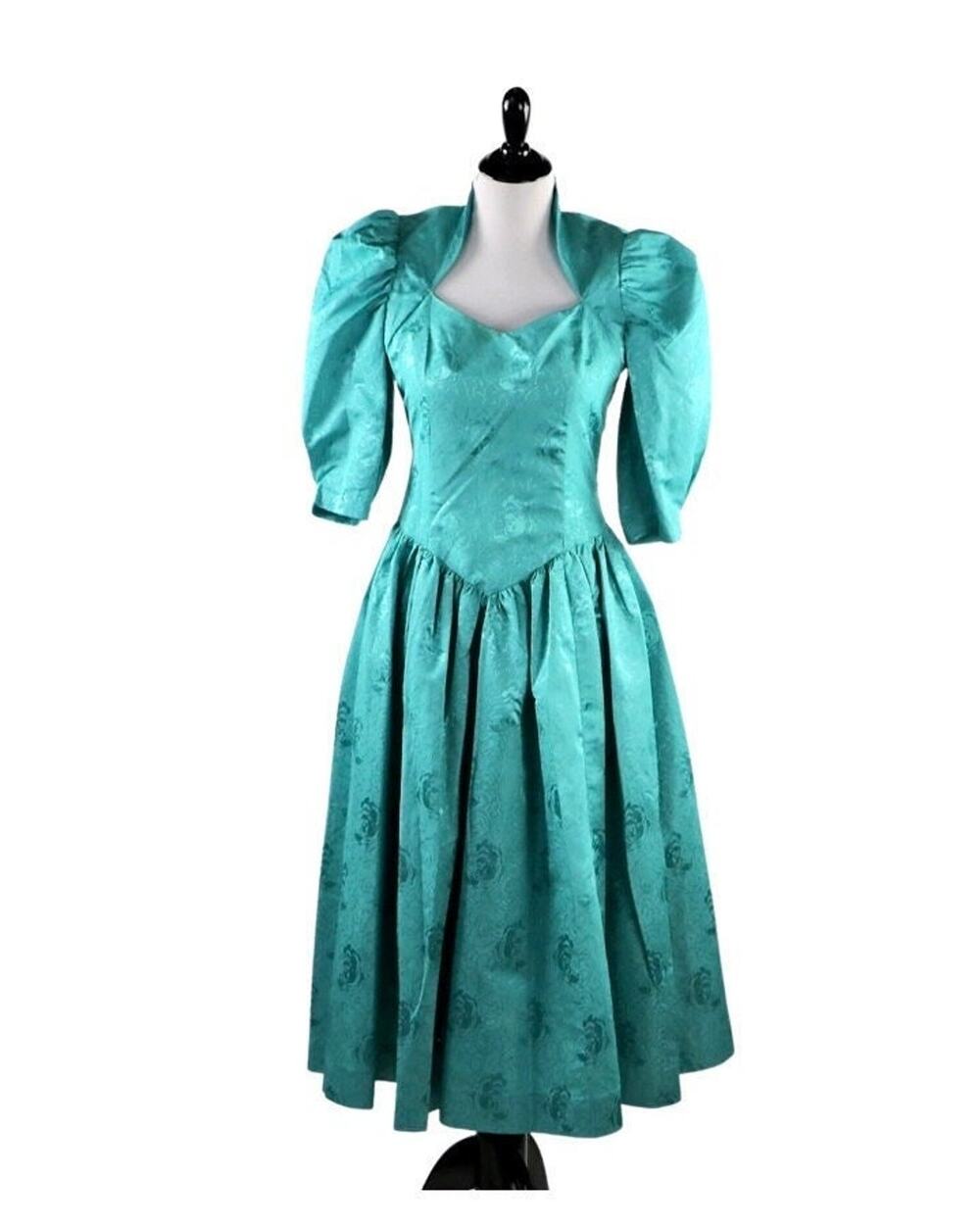Vintage 1980s Floral Print Teal Prom Formal Dress High Queen Ann Neckline Medium